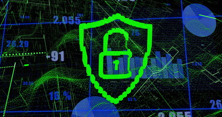 Image of data processing and padlock icon over dark background