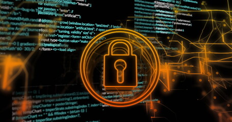 Image of data processing and padlock icon over dark background