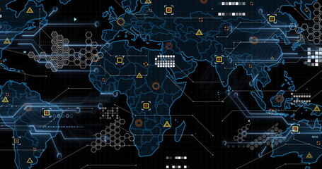 Image of data processing and world map over dark background