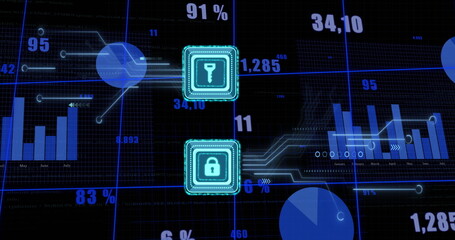 Image of data processing and padlock and key icons over dark background