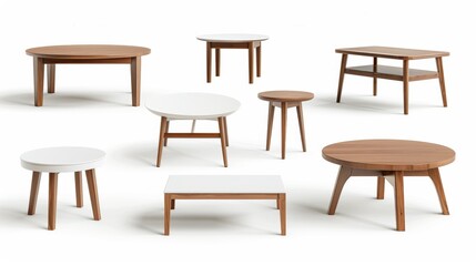 A collection of wooden coffee tables and chairs