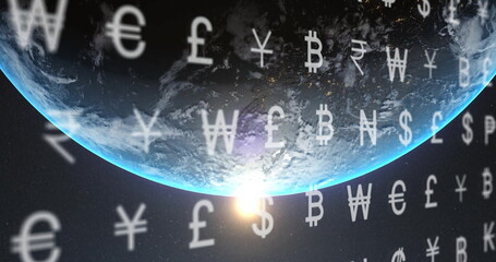 Image of currency symbols and digital data processing over globe on dark background