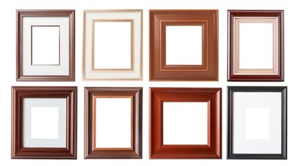 A collection of wooden framed pictures with a white background
