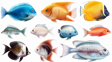 A collection of fish in various colors and sizes