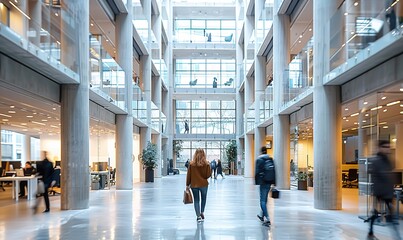 In a blurred office setting, people walk and work at desks, emphasizing a busy and productive workspace.
