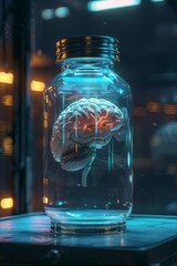 AI brain enclosed in a jar, symbolizing advanced technology artificial intelligence
