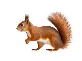 Fototapeta premium Red Squirrel With Fluffy Tail Standing On Transparent Background