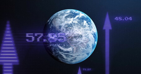 Image of digital data processing and arrows over globe on dark background