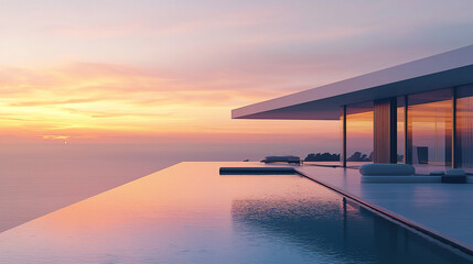 Plakat modern architecture, house with infinity pool and sea view at sunset