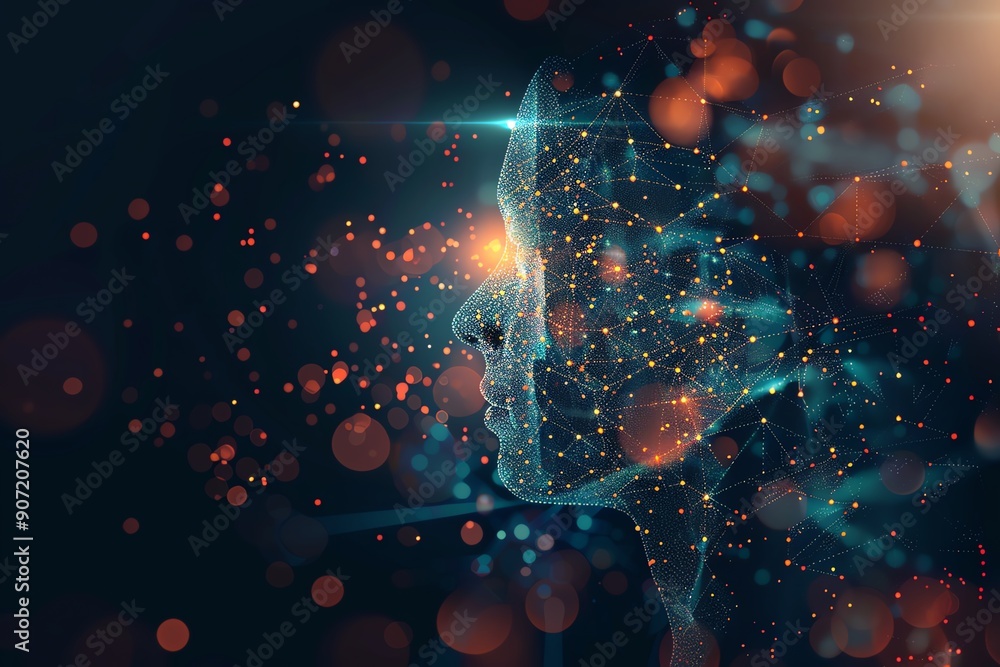 Poster futuristic digital human face with glowing neural network connections and abstract lights, represent
