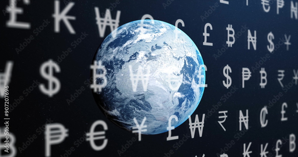 Wall mural Image of currency symbols and digital data processing over globe on dark background