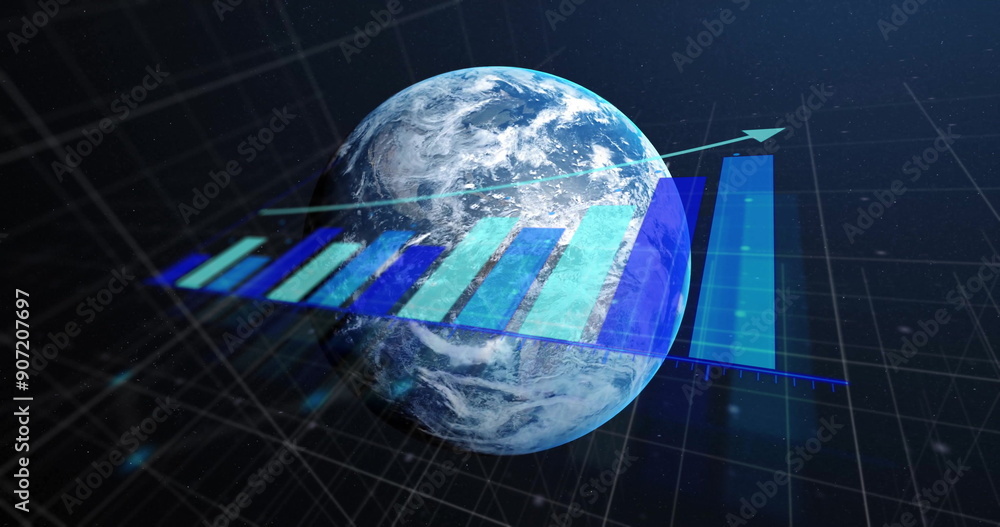 Poster image of financial data processing over globe
