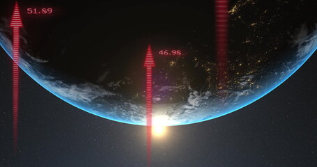 Image of digital data processing and arrows over globe on dark background