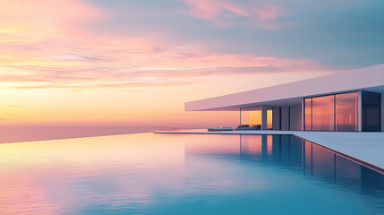 Obraz premium modern architecture, house with infinity pool and sea view at sunset