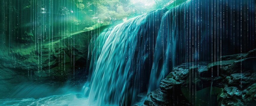 Digital Waterfall in a Lush Forest
