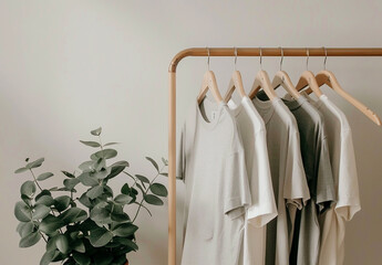 Different clean T-shirts hanging on rack indoors