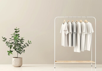 Different clean T-shirts hanging on rack indoors
