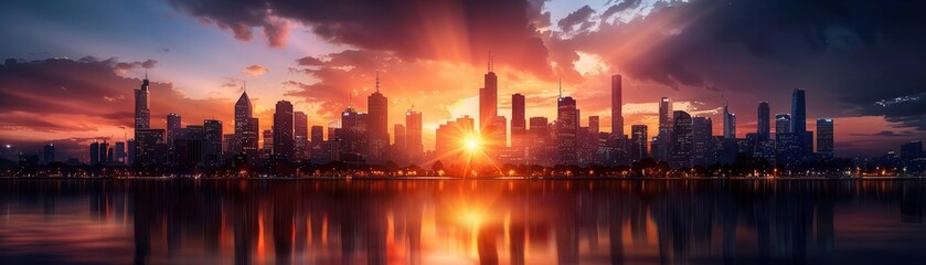 Iconic skyline of a famous city at dusk, capturing the beauty of urban landscapes, Realism, Warm hues, Digital painting