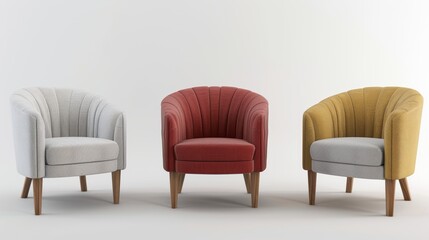Three chairs are shown in a row, each with a different color