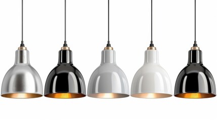 row of five light fixtures with different shades of white and black
