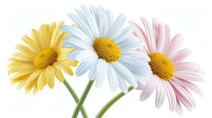 Fototapeta premium Three white and yellow daisies are arranged in a bouquet