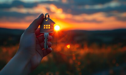 A hand holding a house-shaped keychain against a sunset background represents the concepts of home ownership and real estate.