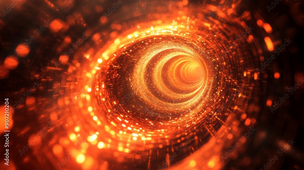 Poster abstract 3d scene with interlocking rings and glowing particles in shades of red and orange high con