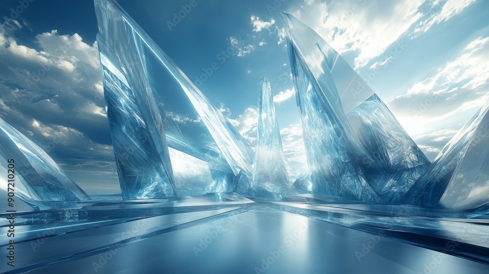 Canvas Prints futuristic abstract landscape with metallic spikes and glowing lines in silver and blue 3d render hi