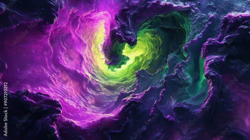 Poster abstract 3d art with swirling patterns and bright neon colors in green and purple dynamic compositio
