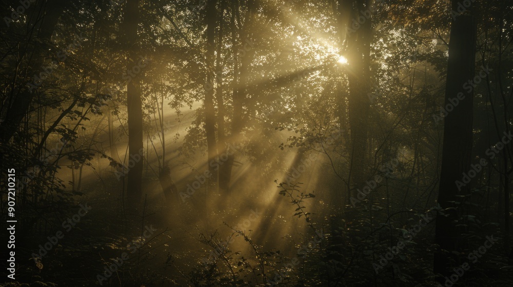 Poster a bright sunny day in a forest with sunlight shining through the tree branches