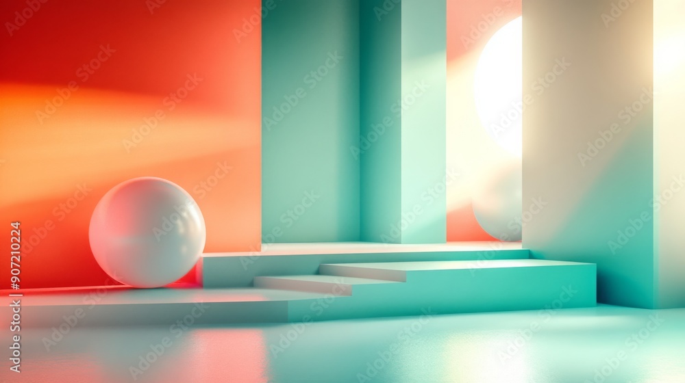 Poster Digital composition with floating geometric shapes and soft gradients in shades of orange and teal 3D render ambient lighting side view modern and clean design