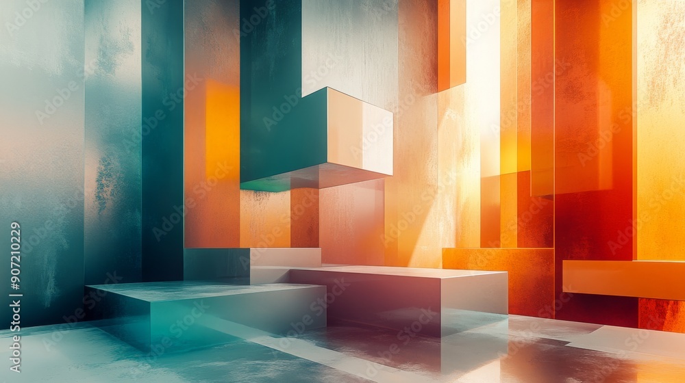 Poster digital composition with floating geometric shapes and soft gradients in shades of orange and teal 3