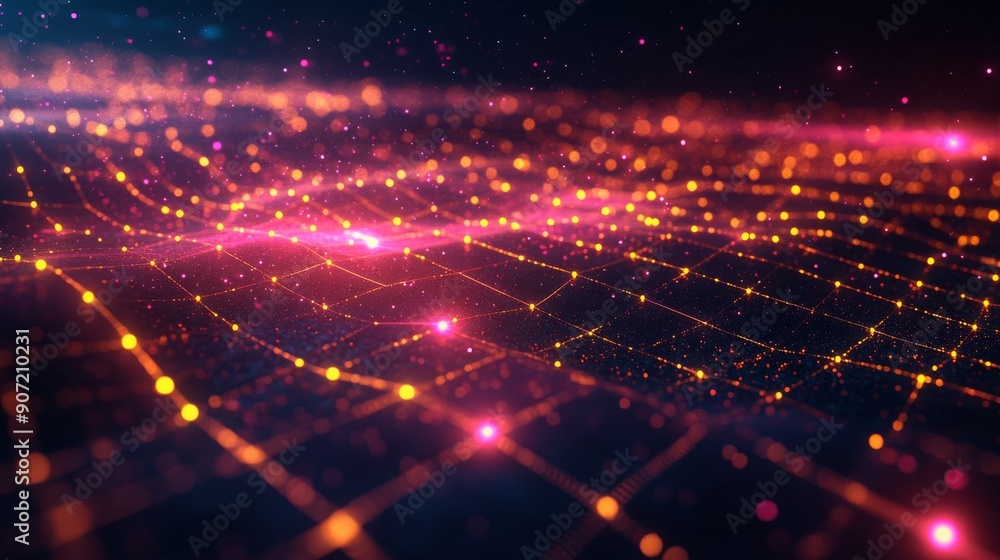 Poster futuristic digital background with a grid of glowing nodes and lines in bright yellow and pink on a 