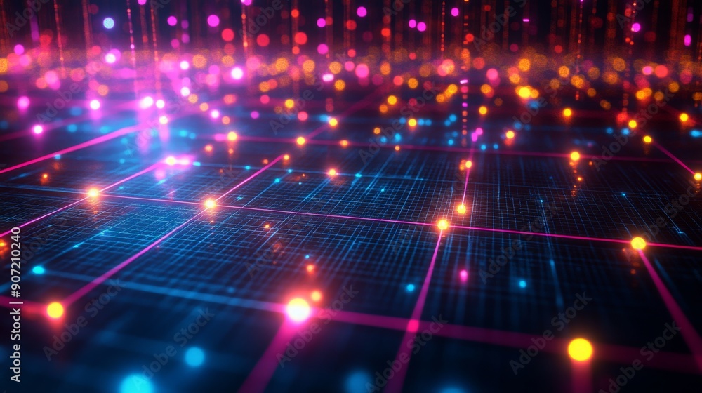 Aufkleber futuristic digital background with a grid of glowing nodes and lines in bright yellow and pink on a 