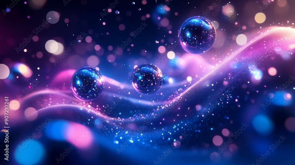 Aufkleber abstract 3d scene with transparent spheres and luminous trails in a gradient of blue and purple high