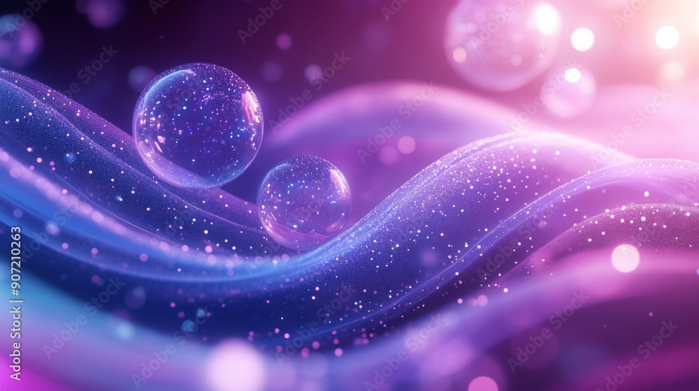 Poster abstract 3d scene with transparent spheres and luminous trails in a gradient of blue and purple high
