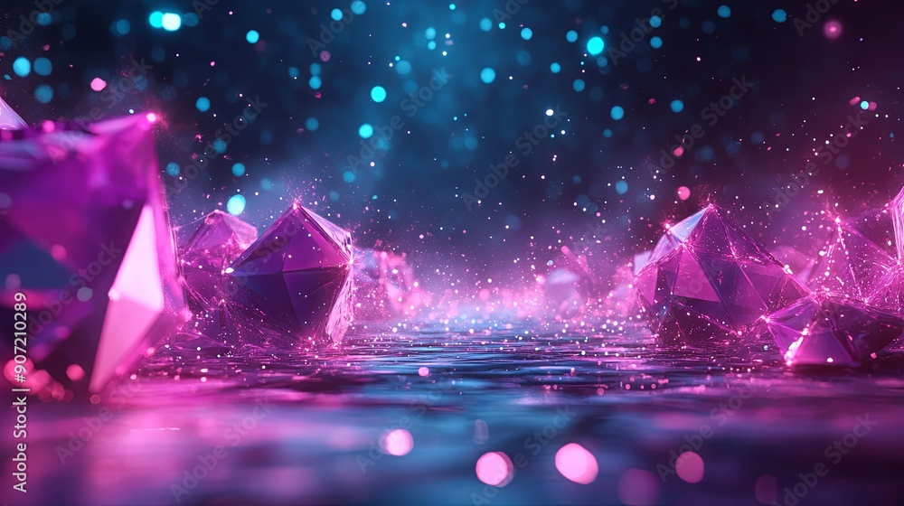 Aufkleber futuristic abstract landscape with glowing geometric shapes and particles in bright cyan and magenta