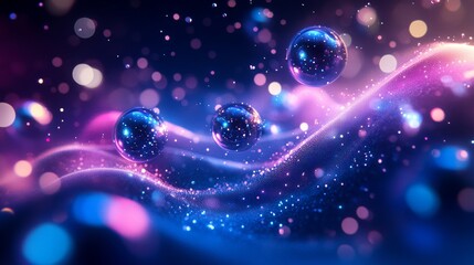 Abstract 3D scene with transparent spheres and luminous trails in a gradient of blue and purple high contrast lighting top-down view modern dynamic design