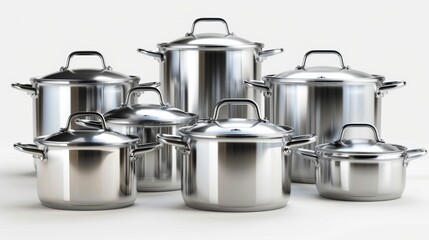 A row of six pots and pans are lined up on a white background