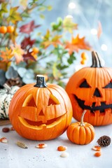 Obraz premium Halloween pumpkins with carved faces, surrounded by autumn decorations, creating a festive and spooky atmosphere.