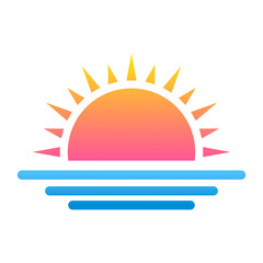 Graphic design yellow orange and pink sunset icon with blue water lines