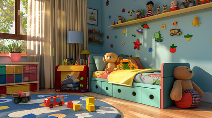 child's bedroom filled with colorful toys, a small bed with cartoon bedding, and wall decals,
