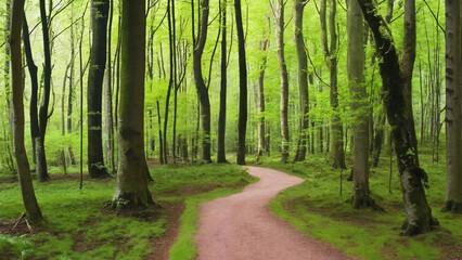 Walkway in a green spring beech forest, 16:9, 300 dpi, with space for text