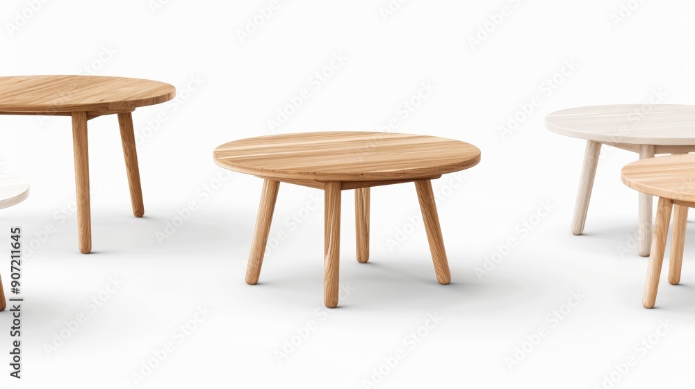 Poster three wooden tables are shown in a row, with one of them being a round table