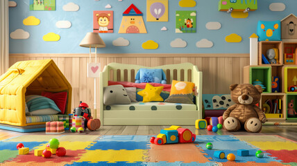 child's bedroom filled with colorful toys, a small bed with cartoon bedding, and wall decals,