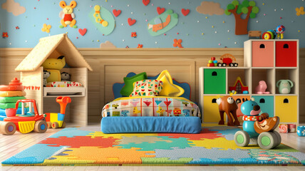 child's bedroom filled with colorful toys, a small bed with cartoon bedding, and wall decals,