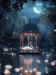A swan is swimming in the lake, and there's an open gazebo on it with lights hanging from its roof