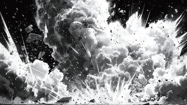 black and white bomb explosion comic style dramatic  ilustration