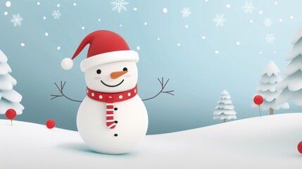 A snowman with a red scarf and a red hat is standing in the snow