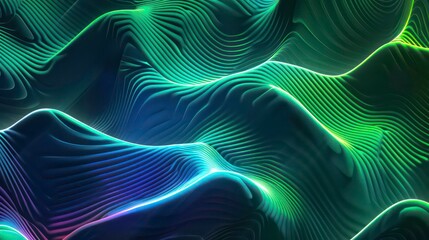 A digitally created abstract background featuring glowing neon lines in purple, blue, and green on a dark background.